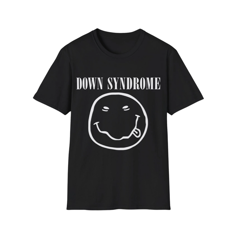 A black short-sleeve crewneck t-shirt with a white graphic print on the front. The graphic features the text 'DOWN SYNDROME' above a hand-drawn style smiley face with a smoking pipe.