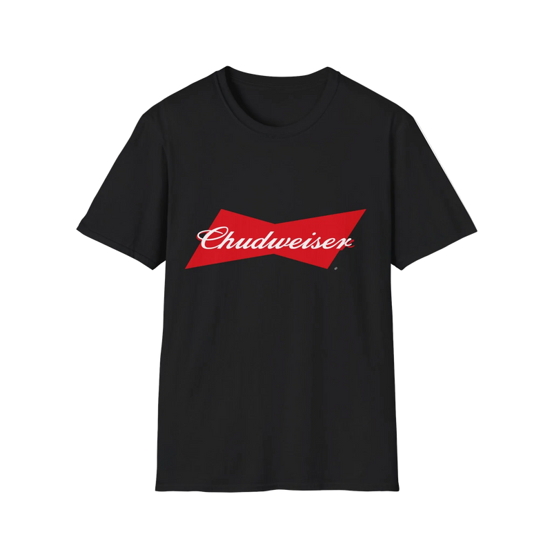 A black short-sleeve crewneck t-shirt featuring a red "Chudweiser" bowtie logo with white script text across the chest, displayed on a solid white background